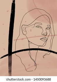 Portrait of a young beautiful woman drawn in one black continuous line on an abstract background with color geometric details in pastel shades. Creative contemporary composition. 