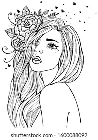 Portrait of young beautiful woman with flowers in her hair. Black and white vector illustration for posters, postcards, printing on clothes and other purposes.