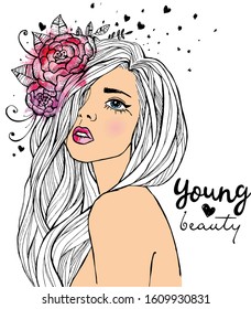 Portrait of young beautiful woman with flowers in her hair. Vector illustration for posters, postcards, printing on clothes and other purposes.