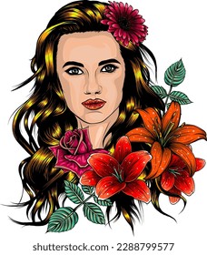 portrait of young beautiful woman with flowers on white background