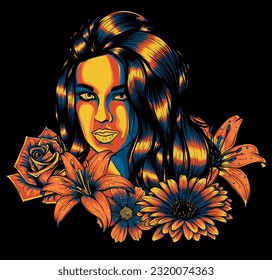 portrait of young beautiful woman with flowers on black background