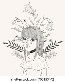 Portrait of young beautiful woman with flowers. Line art. Vector illustration