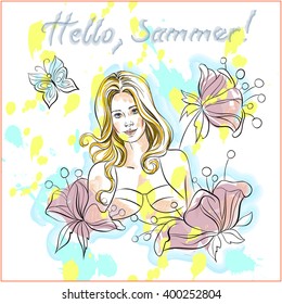 portrait of young beautiful woman with flowers,Hello summer text, which is located on a separate layer