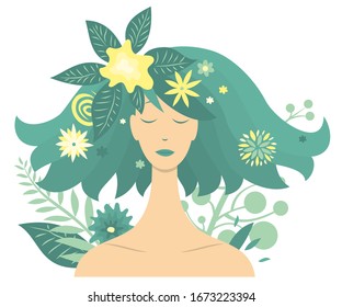 Portrait of young beautiful woman with green wavy hair decorated with flowers. Mother Earth. Nature. Vector illustration on white background.