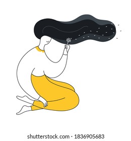 Portrait of a young beautiful woman with long wavy hair blowing dandelions seeds dreaming and daydreaming feeling relax. Sweet dreams, fantasy and imagination concept. Modern isolated vector on white.