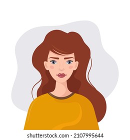 Portrait of a young beautiful woman with long hair isolated on a white background. Avatar for social networks in flat vector style.