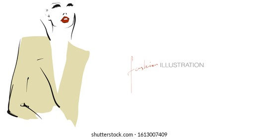 Portrait of young beautiful woman, model. Fashion illustration in sketch style. Vector