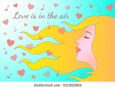 Portrait of a young beautiful woman on the spring background from flying hearts and notes. Vector image  for romantic design.