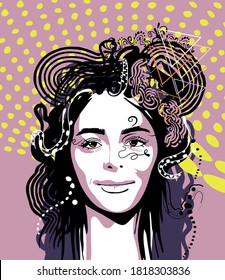 Portrait of young beautiful woman, Pretty vector illustration