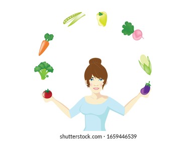 
Portrait of young beautiful woman with vegetable isolated background. Vector Isolated
