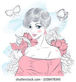 portrait of young beautiful woman wirh flowers