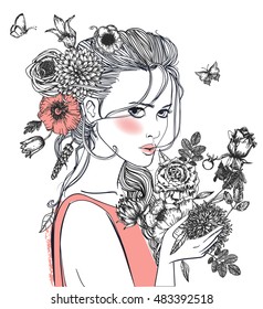 portrait of young beautiful woman wirh flowers