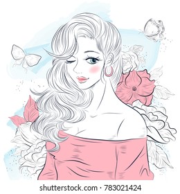 portrait of young beautiful woman wirh flowers