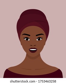 Portrait of a young black African or African-American woman with a turban on her head. The girl smiles. Avatar for social networks. Vector stock flat illustration