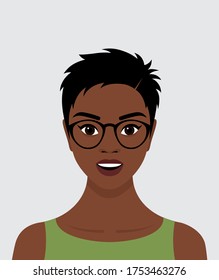 Portrait of a young black African girl with short black hair, glasses, and a smile on her face. Avatar for social networks. Vector flat stock illustration. 