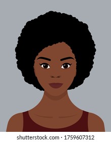 Portrait of a young black African girl with an Afro hairstyle and a smile on her face. Avatar for social networks. Vector flat illustrations.