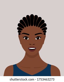 Portrait Of A Young Black African-American Woman With Dreadlocked Braids On Her Head. The Girl Smiles. Avatar For Social Networks. Vector Stock Flat Illustration