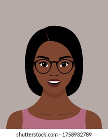 Portrait of a young black African-American woman with black hair, square haircut and glasses. The girl smiles. Avatar for social networks. Vector stock flat illustration