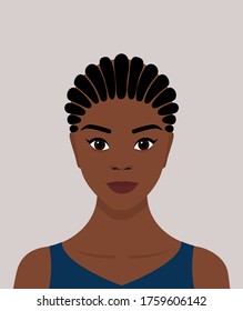 Portrait of a young black African-American woman with dreadlocked braids on her head. The girl smiles. Avatar for social networks. Vector stock flat illustration