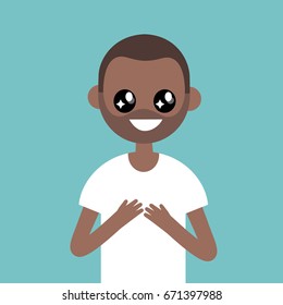 Portrait of young black character with big anime eyes / flat editable vector illustration, clip art