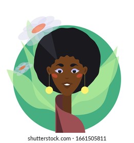 Portrait of a young black female character with flowers on the background. International Women’s Day concept. Design template for banners, posters, web, flyers, postcards. Flat vector illustration.