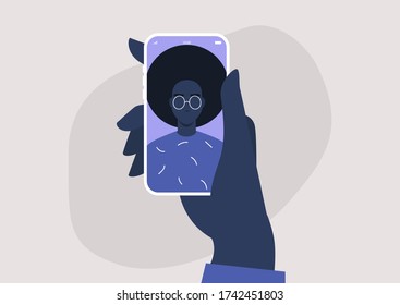 A portrait of a young black female character on a mobile screen, millennial lifestyle, gadgets, online video call