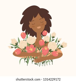 Portrait of the young black girl with big bouquet of flowers. Floral greeting card template, perfect for Women's Day or Mother's Day. Vector illustration