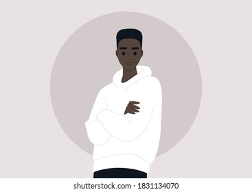 Un retrato de un joven personaje masculino negro usando una capucha en blanco, ropa de calle