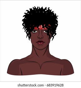Portrait of  young black man. Avatar of African American with red bandage and dreadlocks. Vector isolated illustration. Example of hairstyle for boy.

