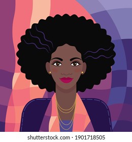 portrait of a young Black woman or African-American woman on an abstract  background. girl with dark skin and black hair on a multi-colored abstract background in the style of the 80s. stock vector 