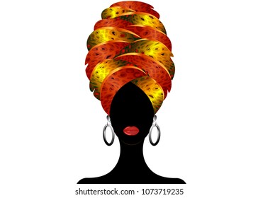 Portrait of the young black woman in a turban. Animation African beauty. Vector color illustration isolated on a white background. Traditional Kente head wrap African. Print, poster, t-shirt, card. 