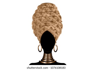 Portrait of the young black woman in a turban. African beauty. Vector color illustration isolated on a white background. Traditional Kente head wrap African. Print, poster, t-shirt, card. 