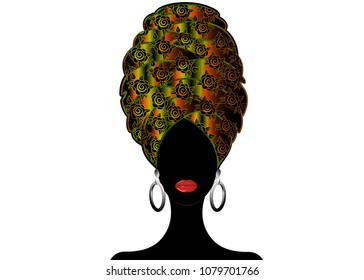 Portrait of the young black woman in a turban. Animation African beauty. Vector color illustration isolated on a white background. Traditional Kente head wrap African. Ethnic pattern color headscarf 