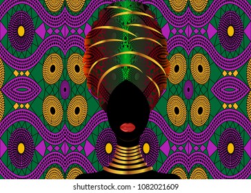 Portrait of the young black woman in a turban. Animation African beauty. Vector color illustration isolated. Traditional Kente head wrap African with Ethnic batik African Print fabric background 