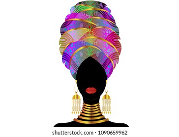 Portrait of the young black woman in a turban. African beauty. Vector color illustration isolated on a white background. Traditional Kente head wrap African. Ankara Fabric Ethnic  headscarf