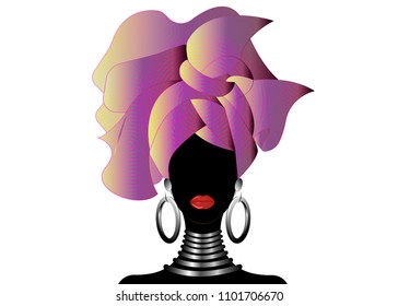 Portrait of the young black woman in a turban. Animation African beauty. Vector color illustration isolated on a white background. Traditional Kente head wrap African. Print, poster, t-shirt, card