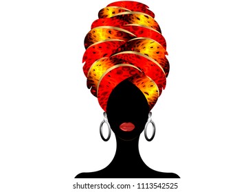 Portrait of the young black woman in a turban. Animation African beauty. Vector color illustration isolated. Traditional Kente head wrap African. Leopard color pattern headscarf. Hairstyle concept