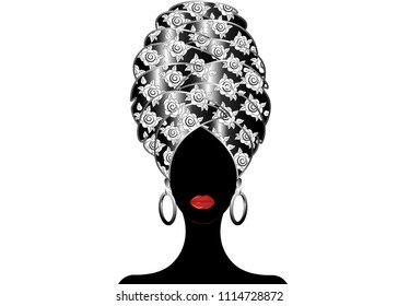 Portrait of the young black woman in a turban. Animation African beauty. Vector floral illustration isolated on a white background. Traditional Kente head wrap African. Print, poster, t-shirt, card. 