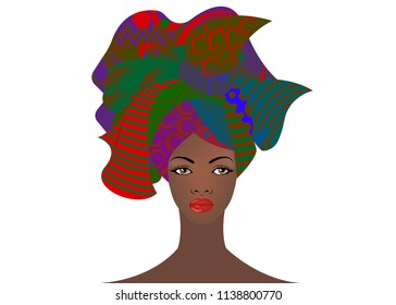 Portrait of the young black woman in a turban. Animation African beauty. Vector color illustration isolated. Traditional Kente head wrap African. Print, poster, t-shirt, card.