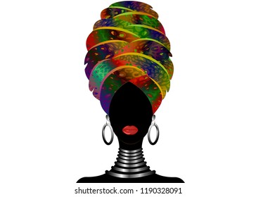 Portrait of the young black woman in a turban. Animation African beauty. Vector color illustration isolated. Traditional Kente head wrap Afro. Print Leopard color pattern headscarf. Hairstyle concept