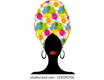 Portrait of the young black woman in a turban. Animation African beauty. Vector floral illustration isolated on a white. Traditional Kente head wrap Afro. Print, poster, t-shirt, card. Splashing style