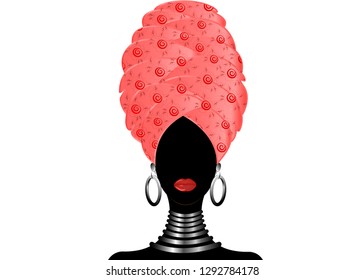 Portrait of the young black woman in a turban. Animation African beauty. Vector floral illustration isolated on a white background. Traditional Kente head wrap African. Print, poster, t-shirt, card. 