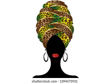 Portrait of the young black woman in a turban. African beauty. Vector color illustration isolated on a white background. Traditional Kente head wrap African. Leopard pattern headscarf 