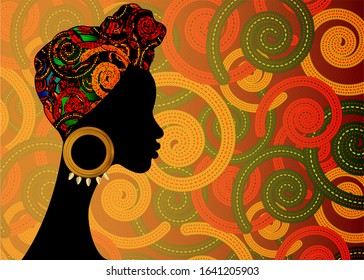 Portrait of the young black woman in a turban. Animation African beauty. Vector color illustration isolated. Traditional Kente head wrap African with Ethnic batik African Print fabric background