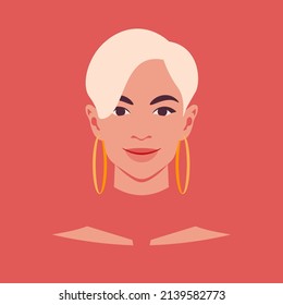 Portrait Of A Young Blond Woman. Avatar Of Face For Social Media. European Student. Vector Illustration In Flat Style.