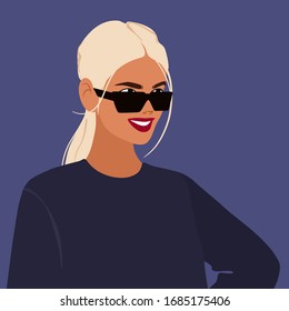 Portrait of a young blond woman. Female cartoon character isolated on a blue background. Fashion woman. Vector flat illustration.