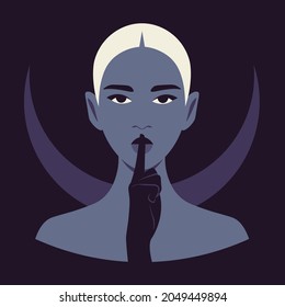 A portrait of a young blond woman put a finger to her lips. Secret information. A face of a mysterious teenager. Halloween. Vector flat illustration