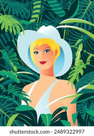 Portrait of a young blonde woman in a light blue dress and hat in the tropical rainforest. Handmade drawing vector illustration. Retro style poster.