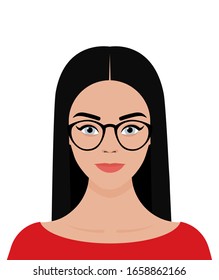 Portrait of a young blue-eyed European girl with long straight black hair, wearing glasses, with a smile on her face. Vector flat stock illustration on a transparent background