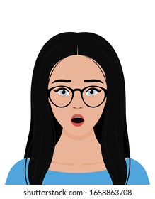 Portrait of a young blue-eyed European girl with long, lush black hair, wearing glasses, with an emotion of surprise on her face. Vector flat stock illustration on a transparent background